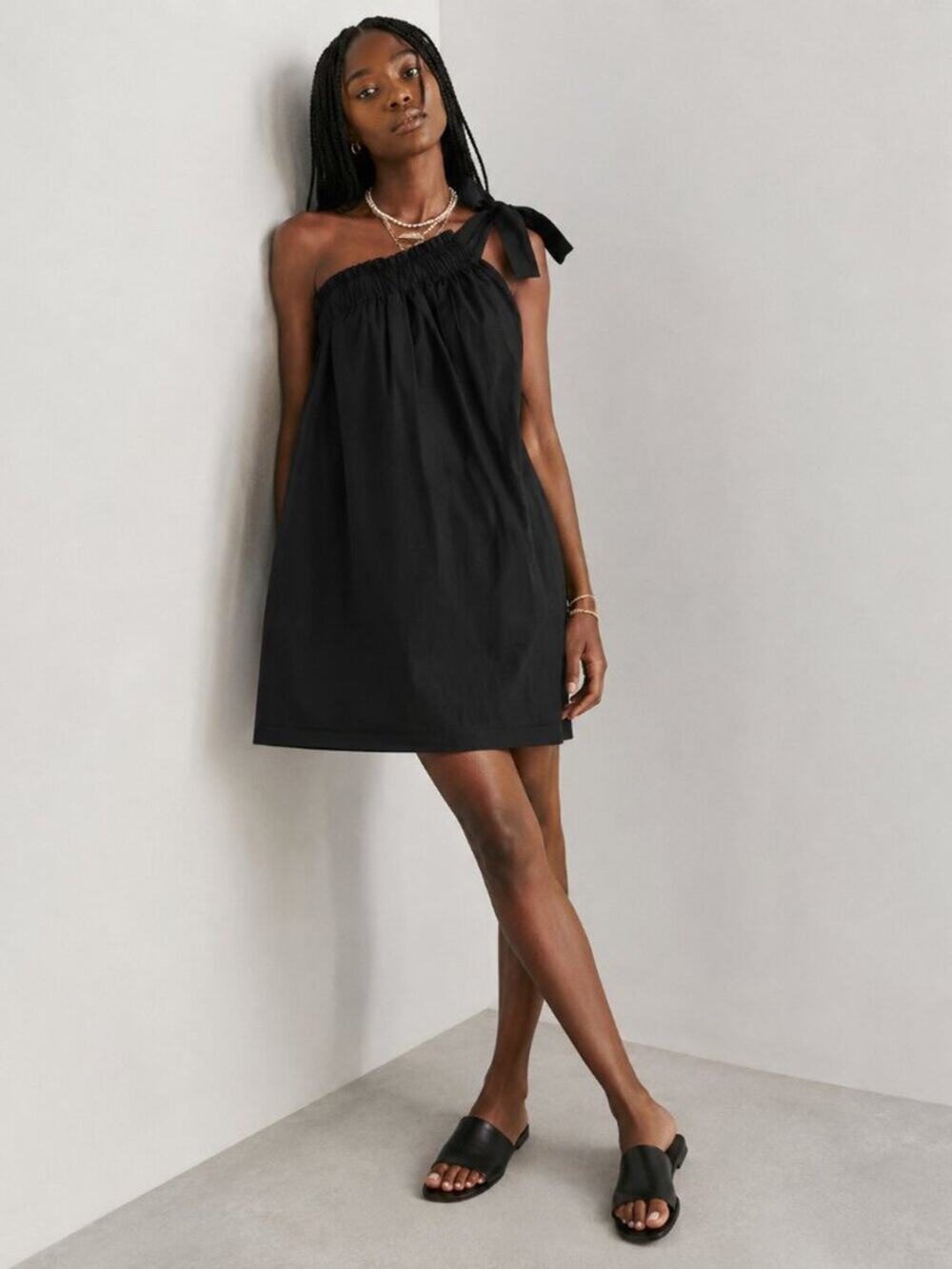NWOT Xirena Saskia One Shoulder Mini 100% Poplin Cotton Black Dress, Size L